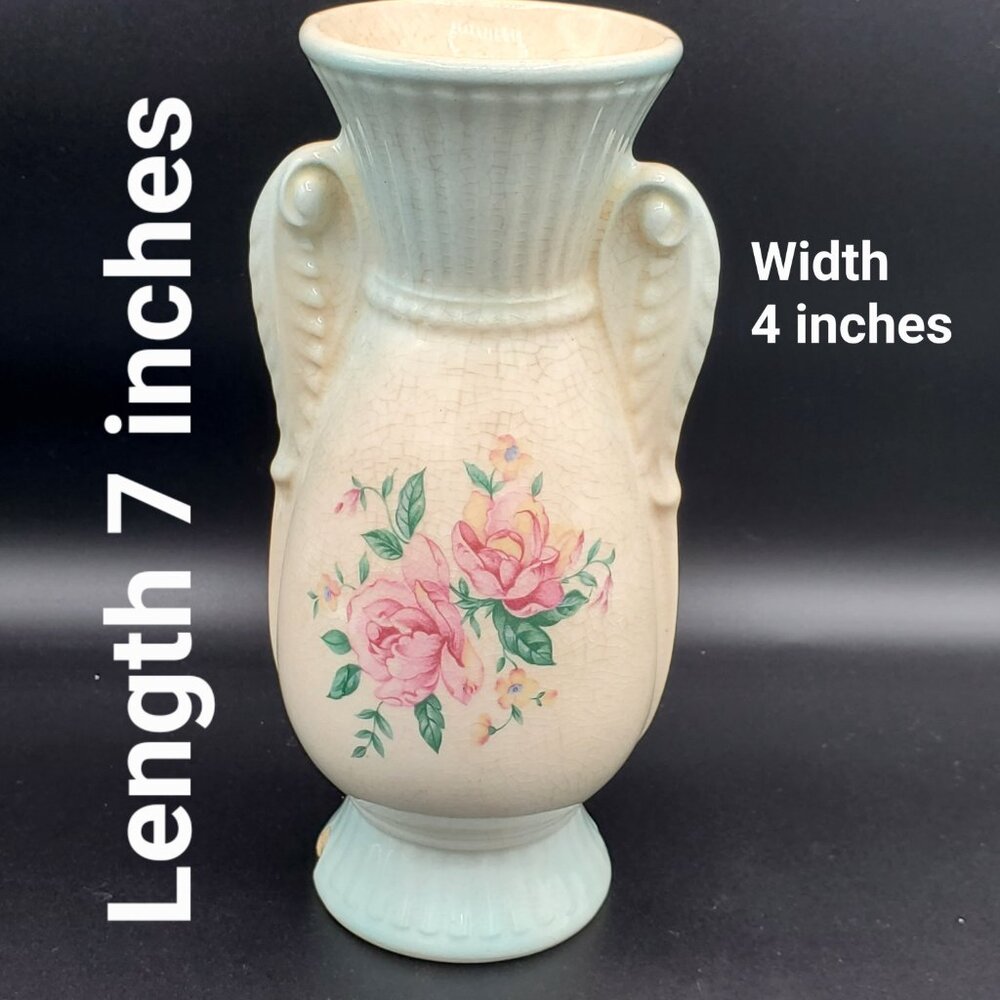 ROYAL COPLEY Vintage 1940s Ceramic Blue & Pink Double Handle Rose 7" Vase - Picture 3 of 6